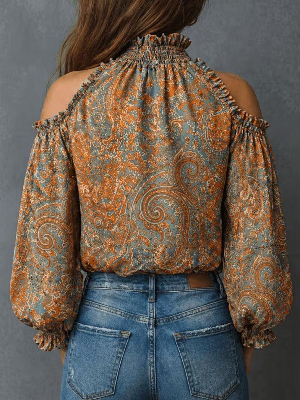 NWT Boho Paisley Cold Shoulder Blouse Ruffle Mock Neck Khaki Rust 14 - Picture 2 of 4